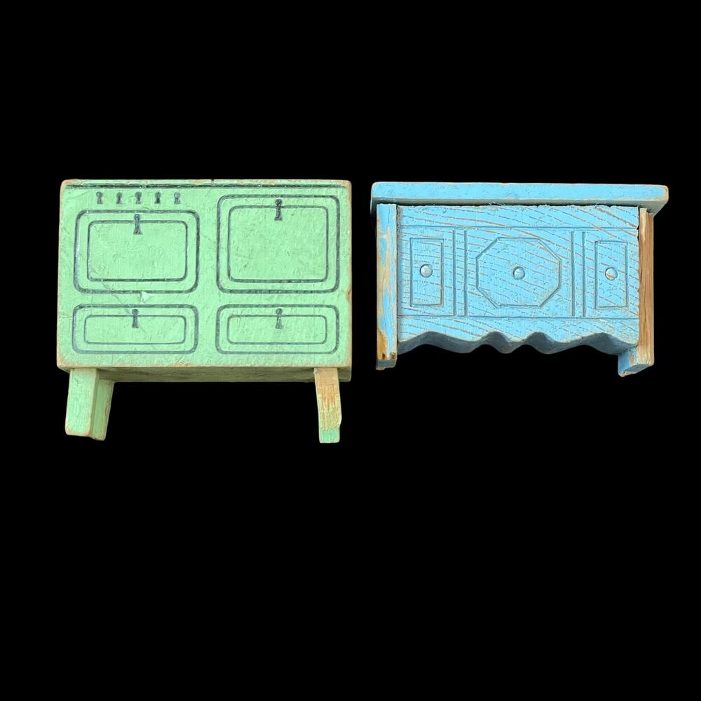 Strombecker Dollhouse Furniture Wooden Vtg 1930s? Lot of 2 Stove & Buffet READ